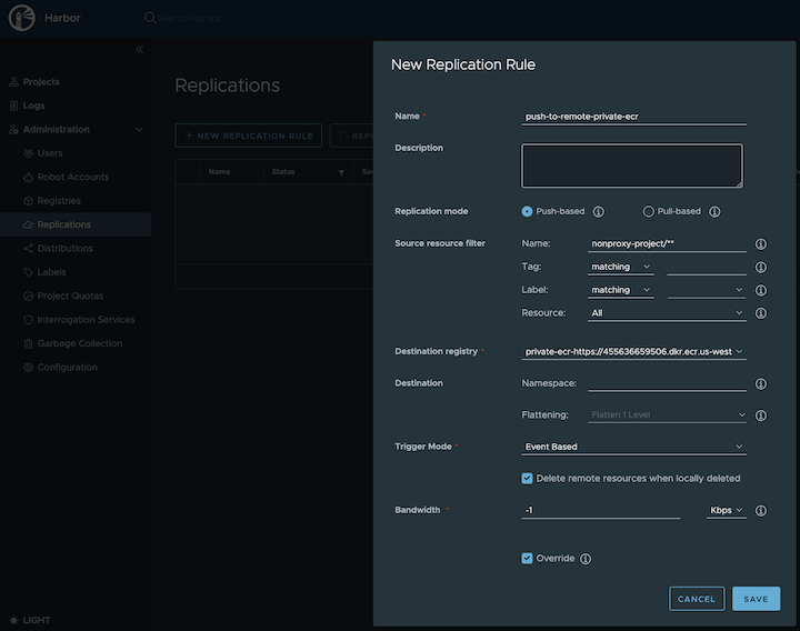 Harbor replication rule